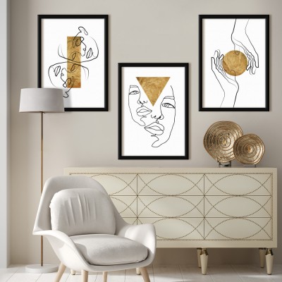 Houseart Art with gold pieces, σε Καμβά, Gallery Wall, 3 Τεμάχια